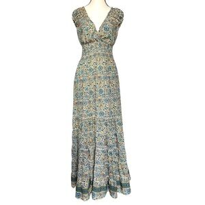 Boemo Tiered V-neck Cottage Milkmaid Shirred Waist Floral Prairie‎ Maxi Dress